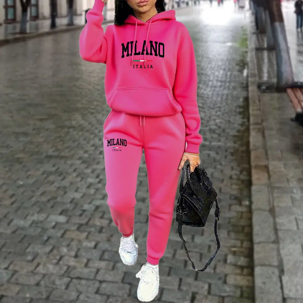 Autumn Winter Women's Sets 2pcs Hoodies Pants Suit Sports Outfits 2025 MILANO Letter Print Aesthetic Clothes Ladies Tracksuit Good Vibrations