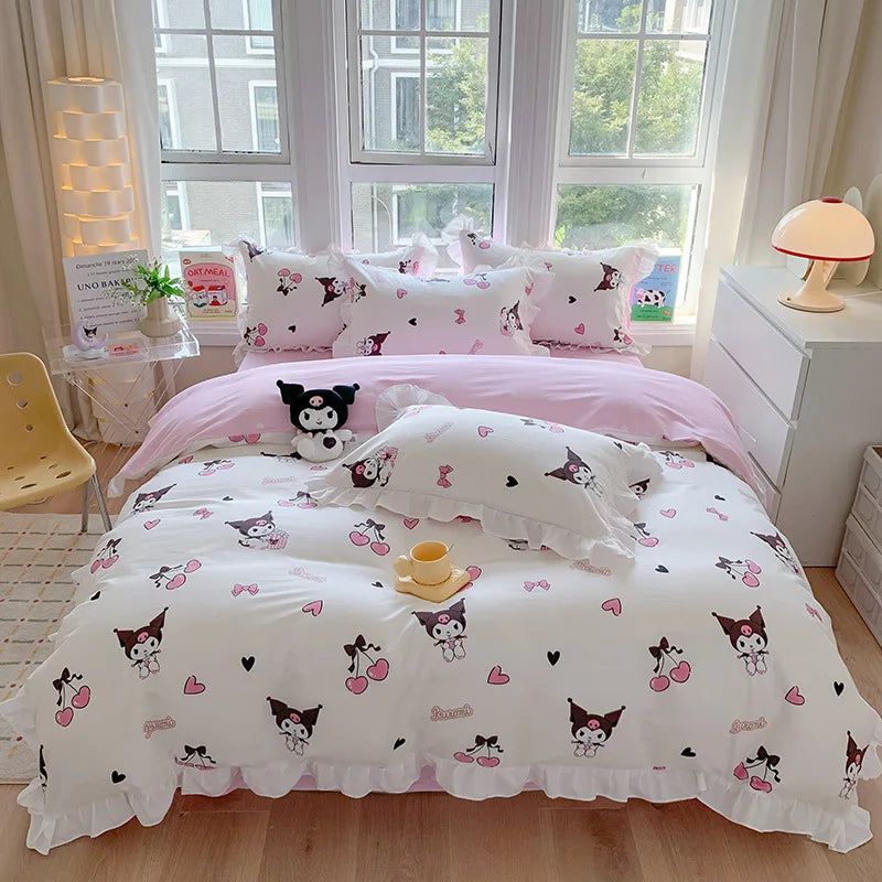 Sanrio Kids Bedding Set Kuromi Cinnamoroll Mymelody Duvet Cover Bed Sheet Pillowcase Bedsheet Double Single King Queen Twin Size Good Vibrations