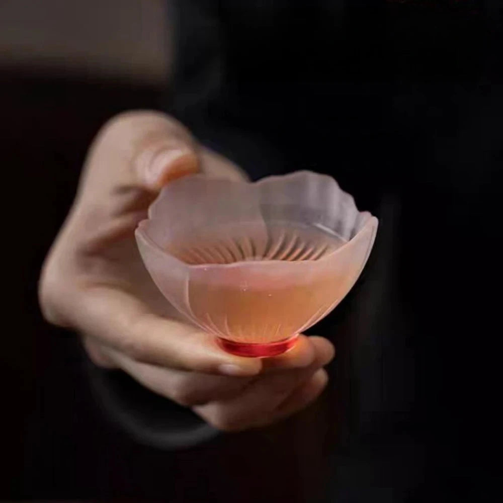 4 Pieces Glazed Glass Frosted Pink Sakura Japanese Teacup, Tableware Good Vibrations