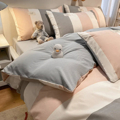 European Bedding Set with Checkered Print Comfortable Breathable Fitted Sheet Duvet Cover Pillowcase Single Queen Size Bed Linen Good Vibrations