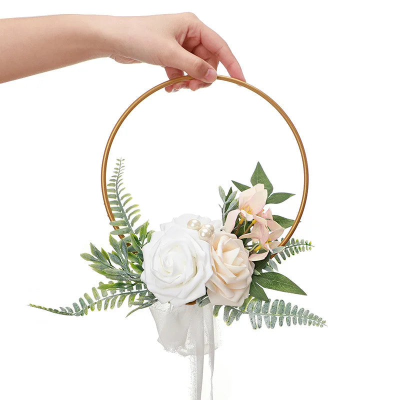 YeeNanee Wedding Gold Hoop Bouquet for Bridesmaids Floral Rose Eucalytpus Metal Ring Wreath Bridal Shower Ceremony Decoration Good Vibrations