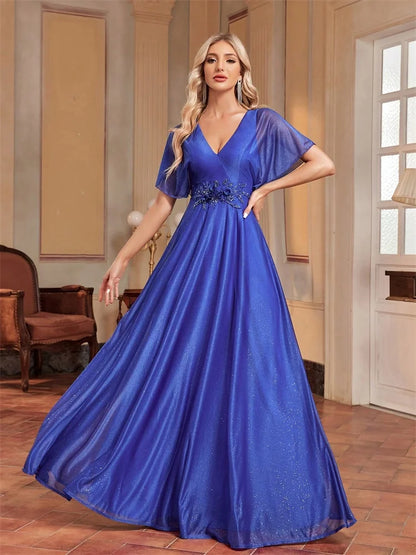 Elegant Royal V-neck Formal Evening Dress 2025 Women Short Sleeves Applique Wedding Party Dresses Long Gowns Good Vibrations