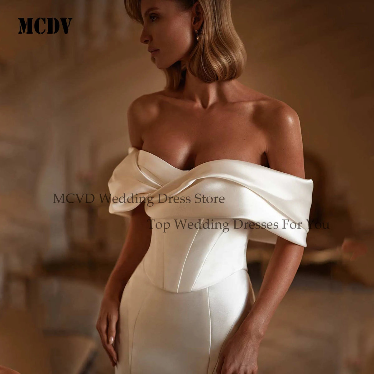Satin Off Shoulder Wedding Dress Pleat Strapless Mermaid Bride Gown Detachable Train Vestido De noivas para casamento Customized Good Vibrations