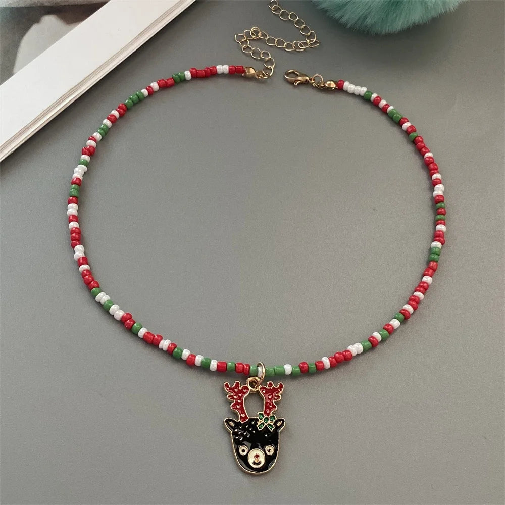 Christmas Necklaces for Women Girls Handmade Rice Beads X'mas Tree Santa Claus Snowman Gift Necklace Pendant New Year Jewelry Good Vibrations