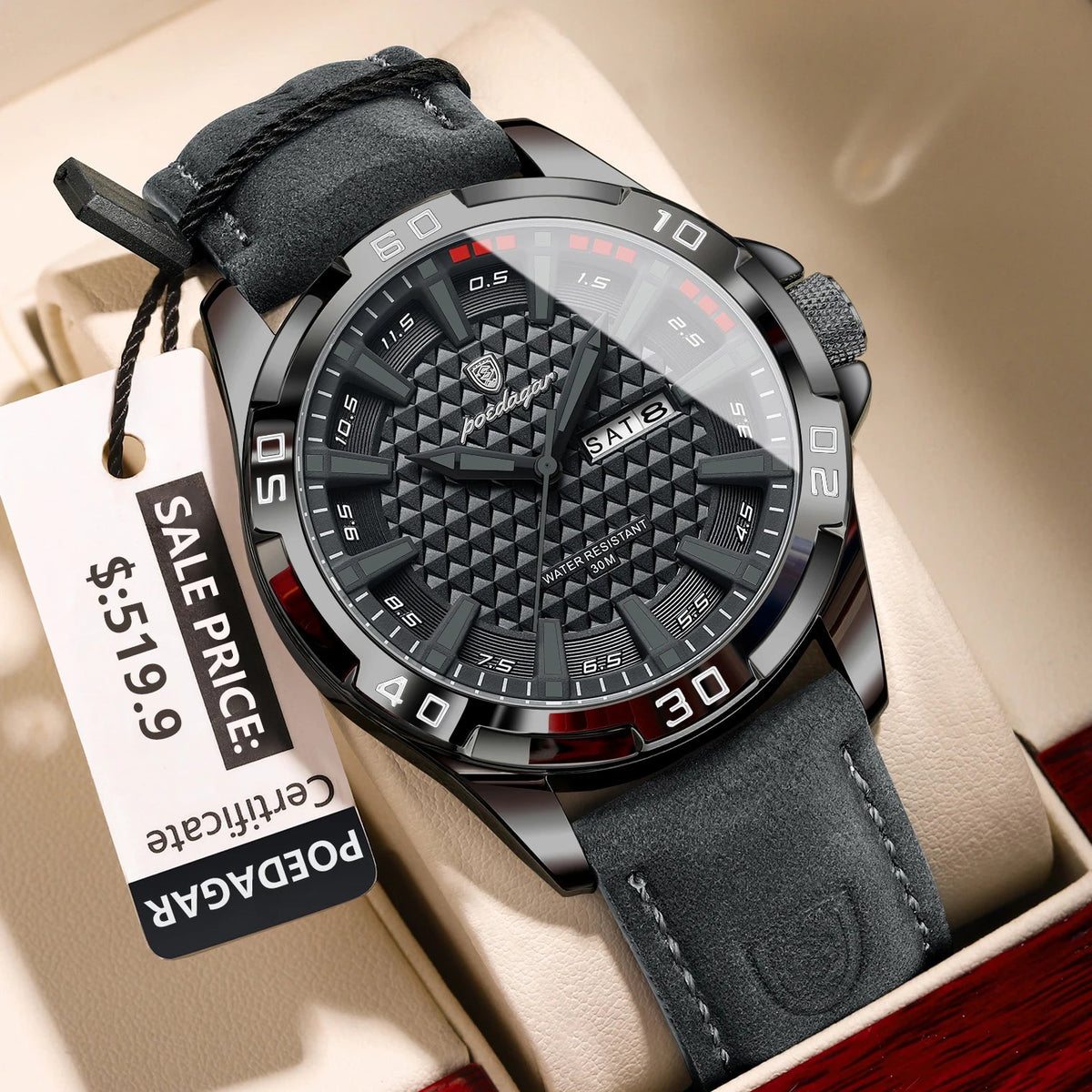 POEDAGAR Original Man Wristwatch Top Luxury Waterproof Luminous Date Week Watch For Men Quartz Sport Leather Men's Watches Reloj Good Vibrations