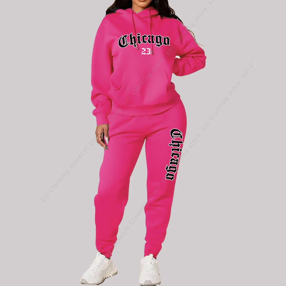 Women's Sets Hoodies Pants 2 Piece Outfits Aesthetic Sportswear Sweatsuit Chicago Graphic Letter Print Plus Size Pink Tracksuit Good Vibrations