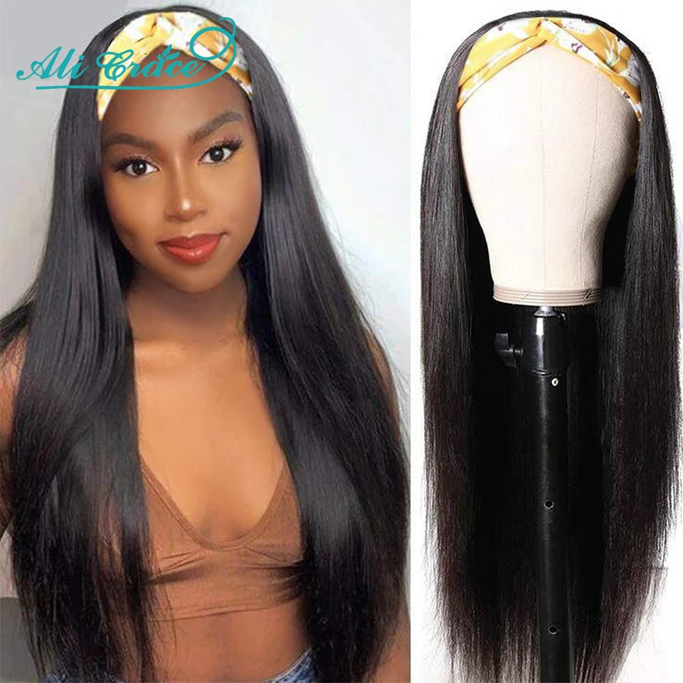 Ali Grace Glueless Wigs Straight Human Hair Wigs for Women Headband Hair Wigs With Adjustable Bangs Brazilian Straight Hair Wigs Good Vibrations