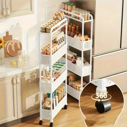 Black mobile storage unit, multi-tier practical shelving, narrow rolling storage rack. Good Vibrations
