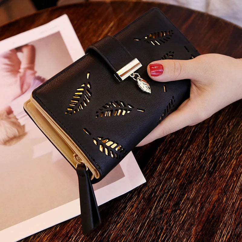 Women Wallet PU Leather Purse Female Long Wallet Gold Hollow Leaves Pouch Handbag For Women Coin Purse Card Holders Clutch Good Vibrations