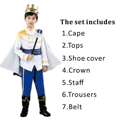 7 Pieces Boys King Carnival Costume Medieval Royal Prince Full Set Outfits for Halloween Birthday Party Fancy Dress Up Good Vibrations