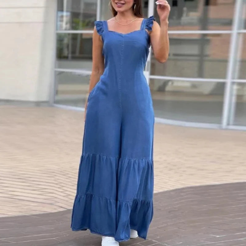 Women Solid Imitation Denim Jumpsuits Spring V Neck High Waist Straight Playsuits Summer Backless Wide Leg Pleated Pants Rompers - Good Vibrations