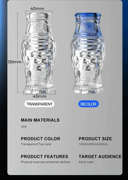 Male Masturbator Cup with TPE material, transparent and bicolor options, 120mm size, enhances endurance.