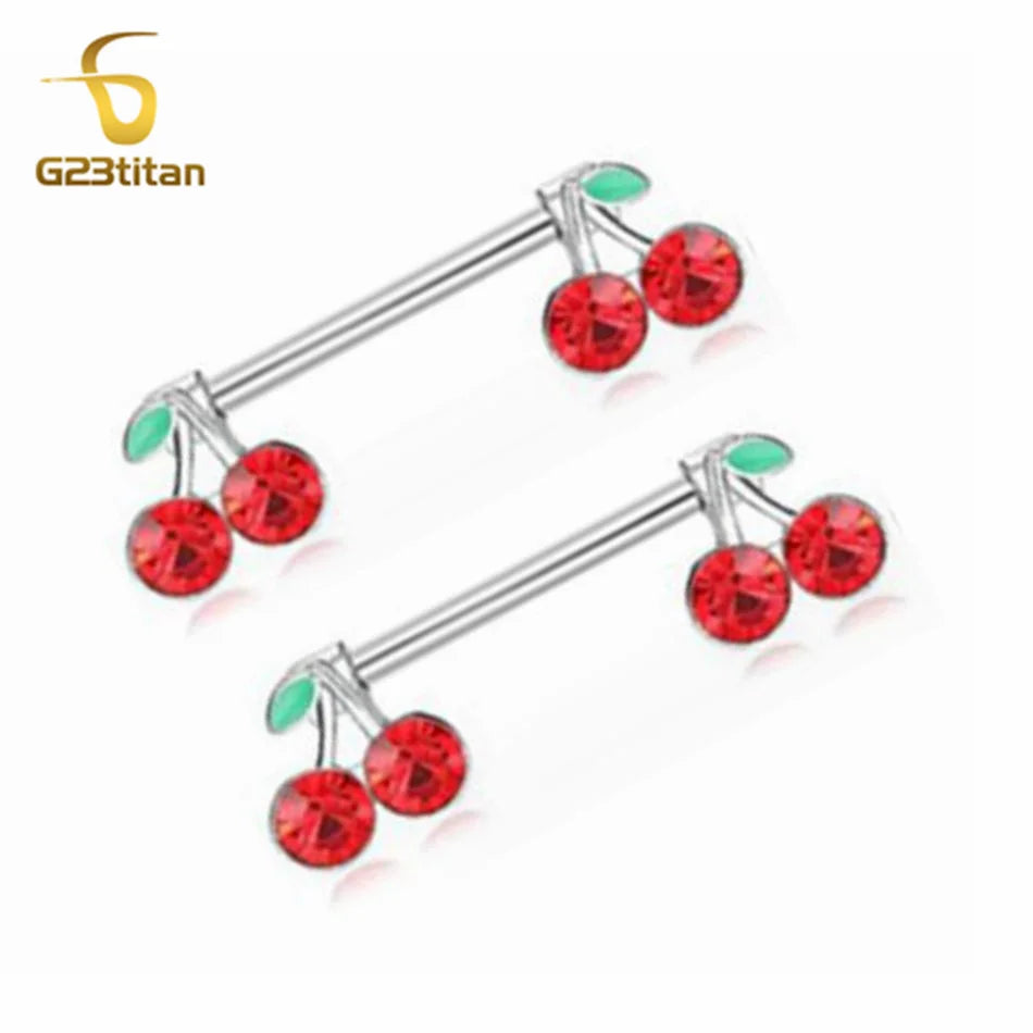 2pcs 14G Titanium Barbell Sweet Cute Cherry Shaped Zircon Breast Ring For Women Body Piercing Sexy Nipple Ring Jewelry Ornament Good Vibrations Adult Super Store