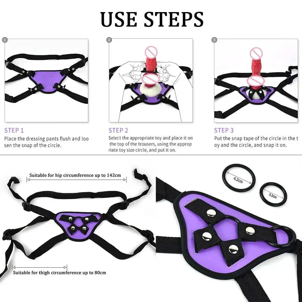 Illustration showing steps to use NYOTA leather strap-on harness, featuring adjustable straps and ring for size adaptation.