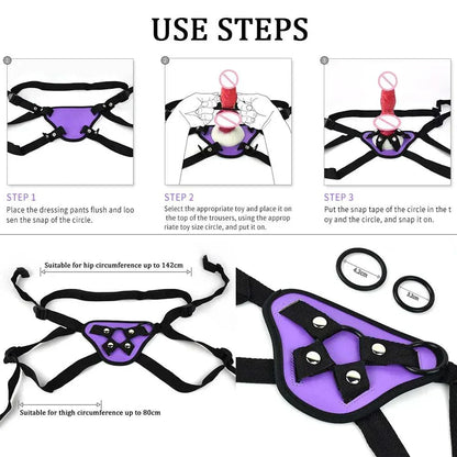 Illustration showing steps to use NYOTA leather strap-on harness, featuring adjustable straps and ring for size adaptation.