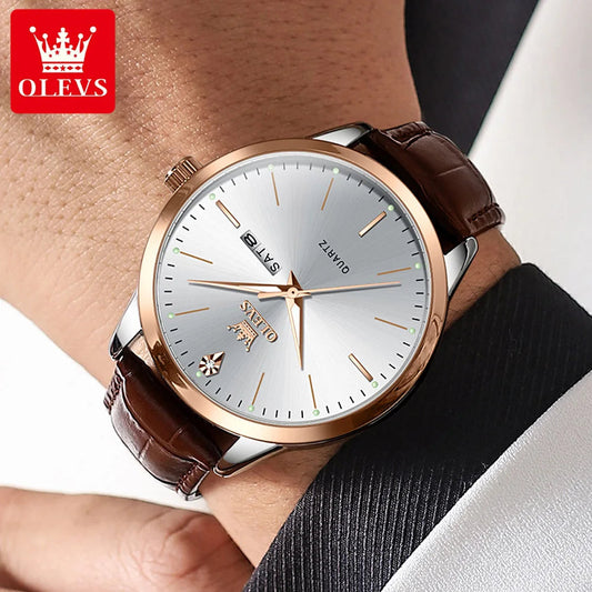 OLEVS 2935 Fashion Business Brand Men Watches Leather Strap Trend Week Calendar Quartz Watch Luminous Waterproof 43mm Dial Good Vibrations