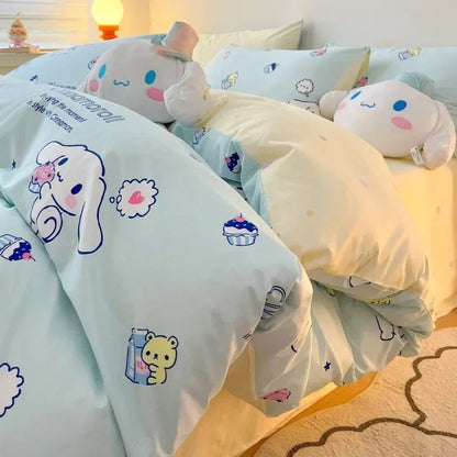 Sanrio 100% Cotton Bedding Set Cute Hello Kitty Kuromi Melody King Queen Pillowcase Bed Linens Girl Dorm Bedclothes Home Textile Good Vibrations