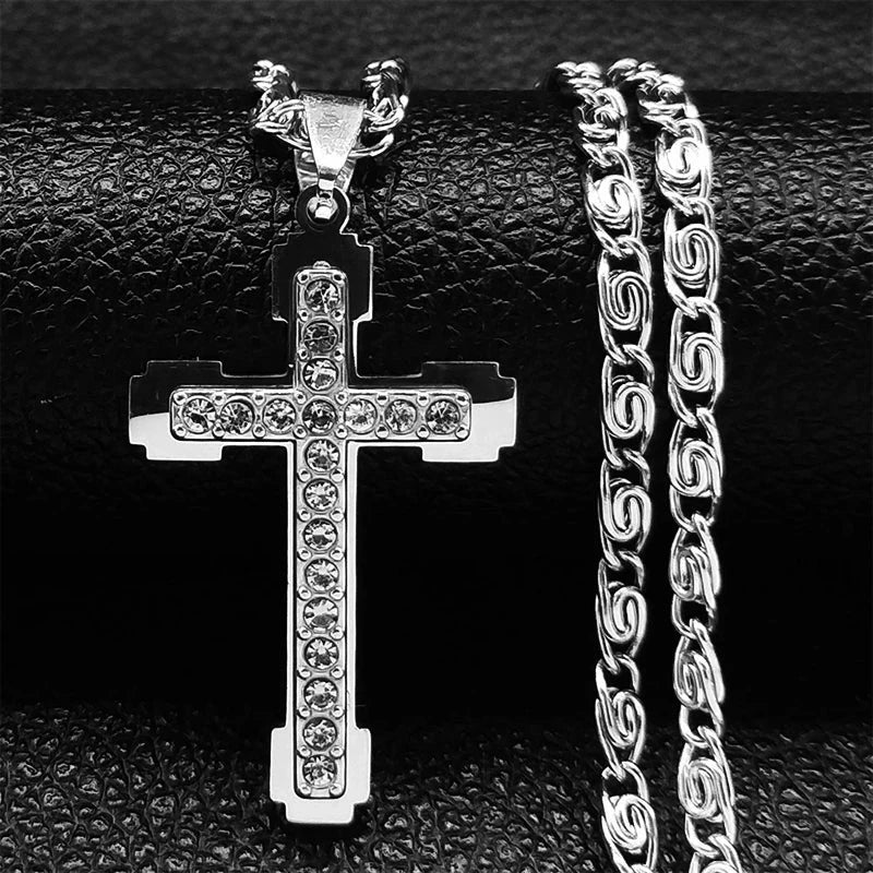 Catholic Jesus Cross Stainless Steel Necklace Saint Benedict Crystal Virgin Mary Pendant Crucifix Male Necklaces Jewelry cruz Good Vibrations