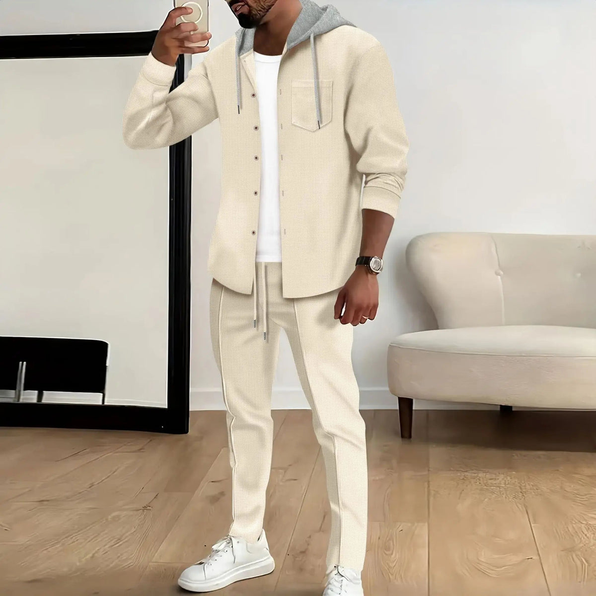 Spring and Autumn New Waffle Men's Casual Slim-Fit Hooded Long-Sleeved Cardigan Matching Color Fashion High Quality Tracksuit Pa Good Vibrations