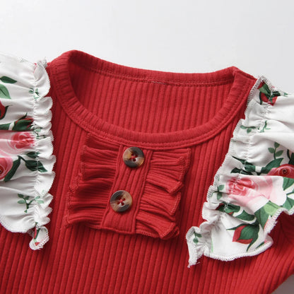 Newborn Infant Baby Girl Spring Autumn 3PCS Clothes Set Knitted Long Sleeve Bodysuit Top + Floral Printed Pants + Bow Headband Good Vibrations