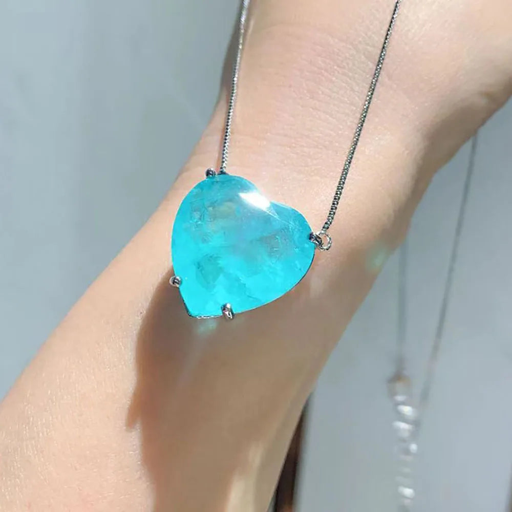 Charms Wedding Jewelry Sets for Girlfriend Vintage Blue Paraiba Tourmaline Heart Ocean Star Pendant Necklace Earrings Statement Good Vibrations