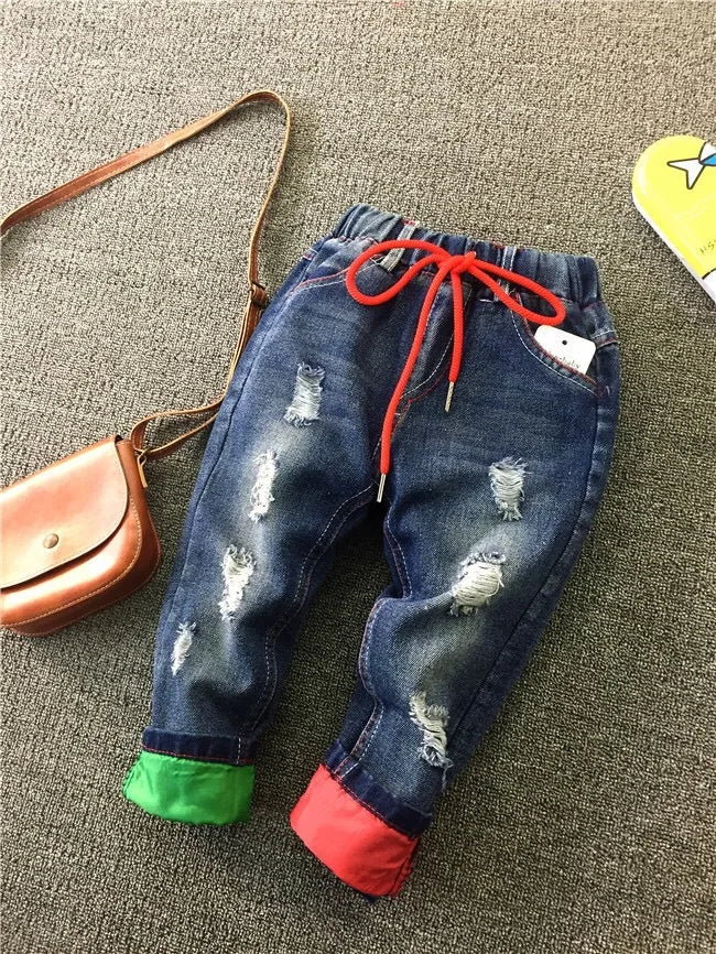 Boys Jeans Fashion Hole New Children Straight Cylinder Casual Jeans Spring Autumn Korean Style Elastic Waist Kids 3-8Ys Trousers Good Vibrations