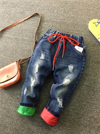 Boys Jeans Fashion Hole New Children Straight Cylinder Casual Jeans Spring Autumn Korean Style Elastic Waist Kids 3-8Ys Trousers Good Vibrations