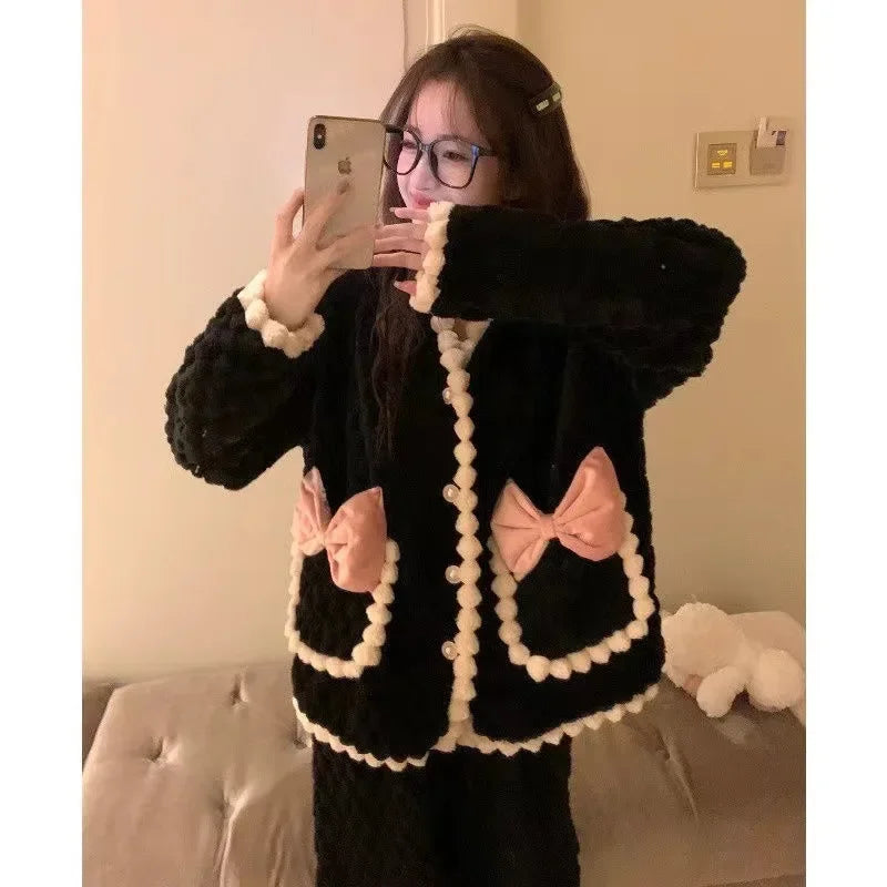 Autumn Winter Plush Sleepwear Women's Sweet Internet Famous INS Style Warm Long Sleeve Coral Fleece Home Clothes Set Good Vibrations