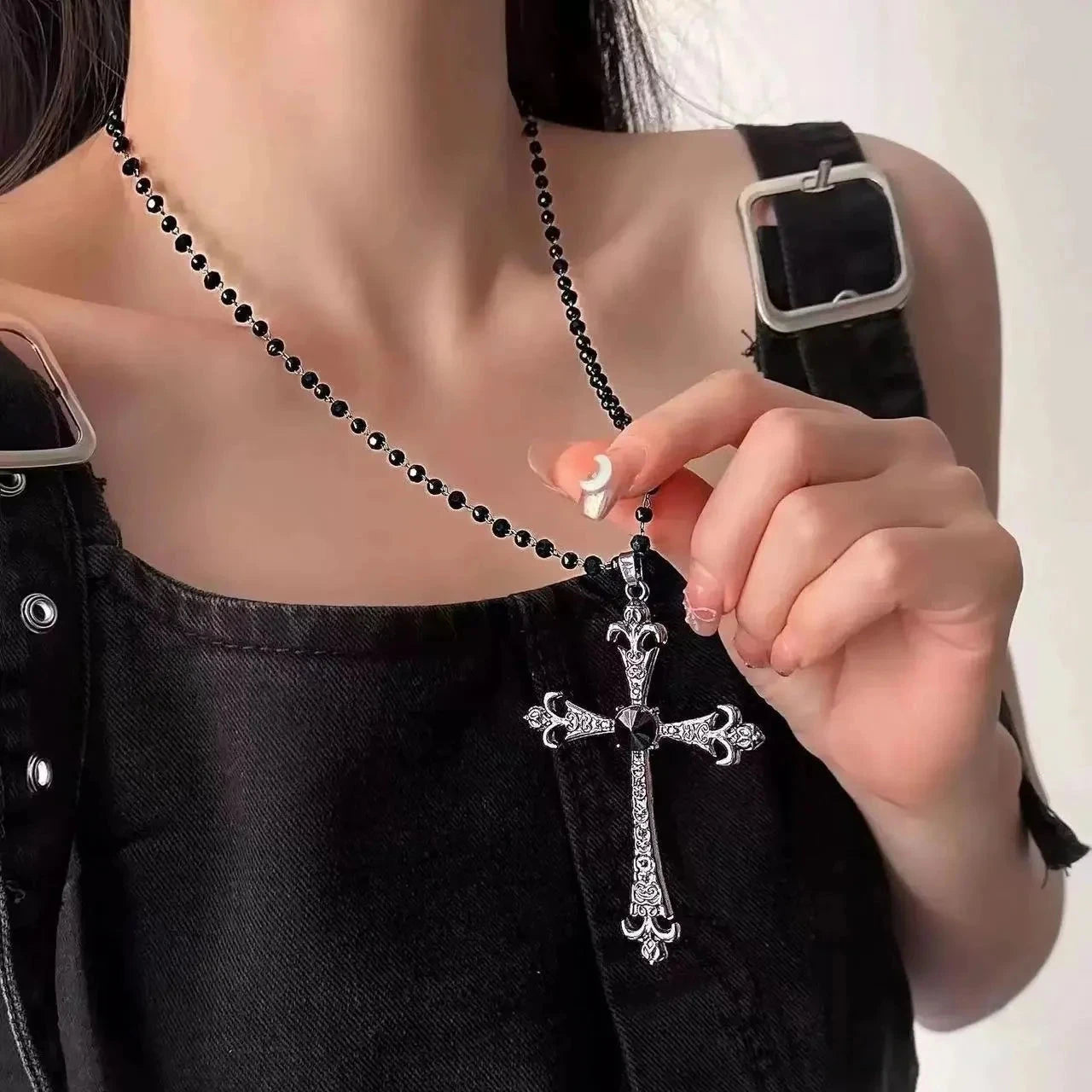 Gothic Cross Necklace for Women Men Vintage Long Layered Pendant Necklace Dark Aesthetic Choker Punk Y2K Jewelry Accessories Good Vibrations