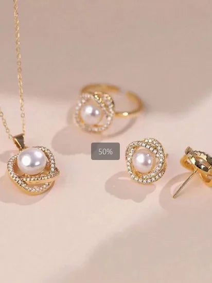 Chic 18K Gold Plated Eco-friendly Brass Pearl Jewelry Set Pearl Earring Necklace Ring For Women Elegant Accessories Dropshipping Good Vibrations