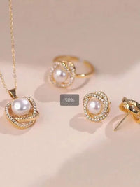 Chic 18K Gold Plated Eco-friendly Brass Pearl Jewelry Set Pearl Earring Necklace Ring For Women Elegant Accessories Dropshipping Good Vibrations