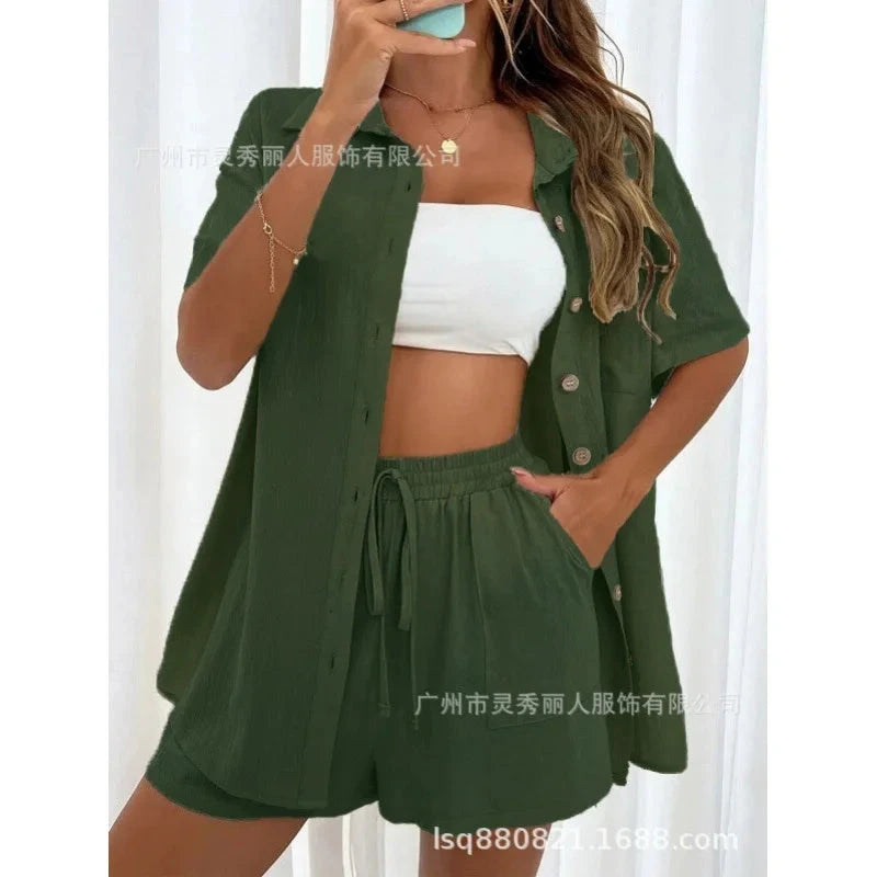 Fashion Black Short Sleeve Shirt And Shorts Two Piece Sets Women 2025 Summer Cotton Linen Casual Home 2 Piece Sets Women Outfit Good Vibrations