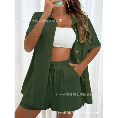 Fashion Black Short Sleeve Shirt And Shorts Two Piece Sets Women 2025 Summer Cotton Linen Casual Home 2 Piece Sets Women Outfit Good Vibrations