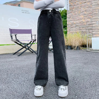 New 2024 Teenage Girls Blue Street Cartoon Print Elastic Mid Waist Loose Denim Jeans Spring Fashion Children Cute Wide Leg Pants Good Vibrations