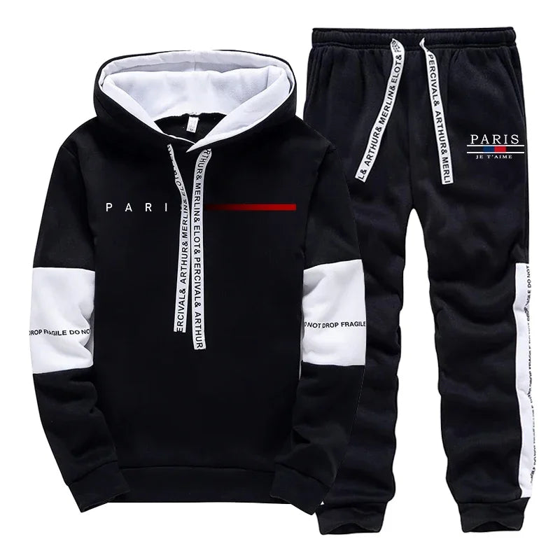2025 Trendy Paris Print Hooded Tracksuit Men Winter Autumn Casual Jogging Outfit Athletic Sportswear Sweatpants Men's Clothes Good Vibrations