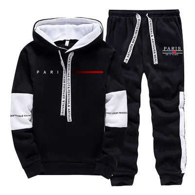 2025 Trendy Paris Print Hooded Tracksuit Men Winter Autumn Casual Jogging Outfit Athletic Sportswear Sweatpants Men's Clothes