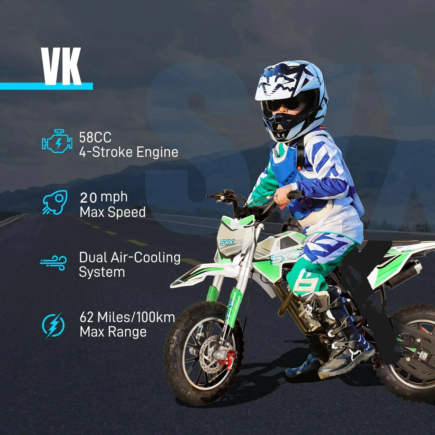 SYX MOTO 58CC Mini Dirt Bike for Kids 4-Stroke Pit Bikes Gas Powered Motorcycle Gift for Children Off-Road Dirt Bike Pull Start Good Vibrations
