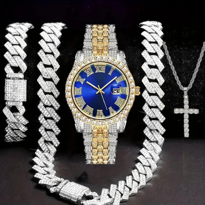 4pcs/set Mens Bling Wrist Watch & Hip Hop Cuban Chain Necklace Set - Rhinestone Accented, Round Dial, Electronic Quartz Movement Good Vibrations