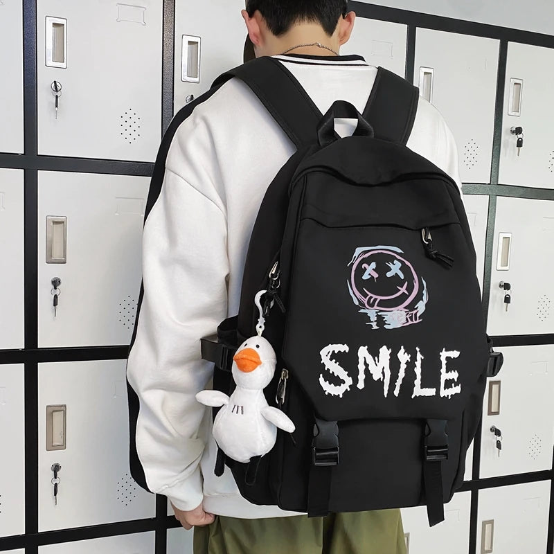 Pocket Front Backpack, Preppy Style Solid Color Nylon  Bookbag, Kawaii Large Capacity Double Handle School Bag Good Vibrations
