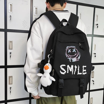 Pocket Front Backpack, Preppy Style Solid Color Nylon  Bookbag, Kawaii Large Capacity Double Handle School Bag Good Vibrations