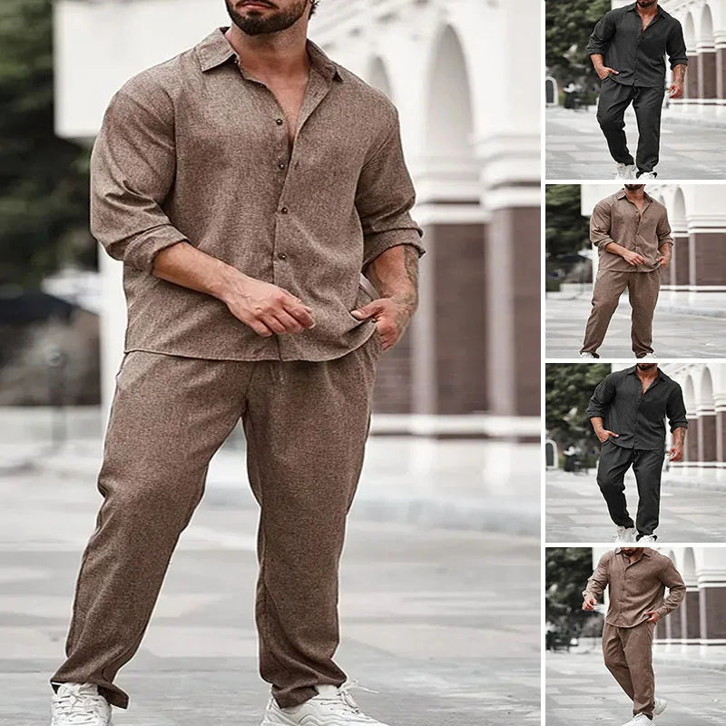 Men Shirt 2 Piece Sets Top Straight Pants Suit Single Breasted Turn Down Collar Drawstring Outfits 2025 Autumn Casual Ensemble Good Vibrations