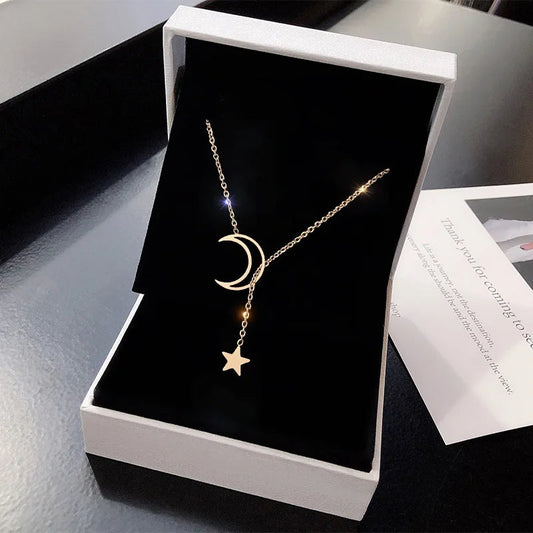 New Simple Moon Star Pendant Choker Necklace Simple Gold Color Alloy Charm Chain Collares Necklace For Women Party Jewelry Good Vibrations