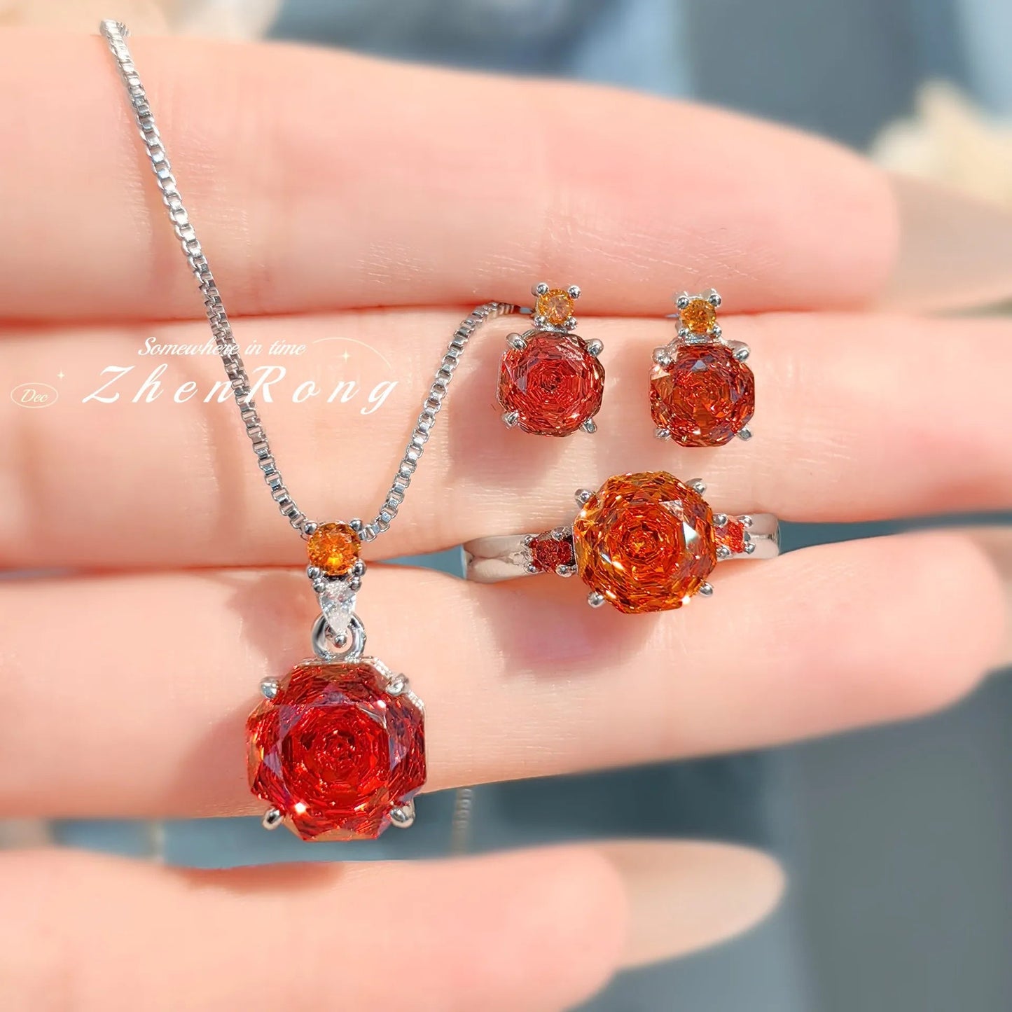 New Rose Cut Dream Color Zircon Crystal Pendant Necklaces Stud Earrings Rings For Women Fashion Luxury Female Jewelry Sets Good Vibrations Adult Super Store