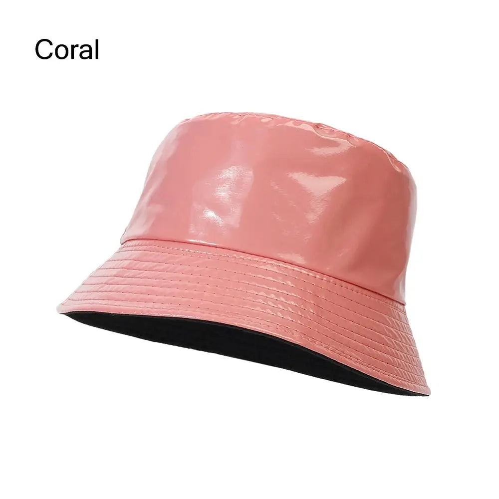 Faux Leather Bucket Hat Women Reversible PU Leather Sun Hat Fashion Autumn Waterproof Fisherman Hat Reversible Sun Bucket Hat Good Vibrations