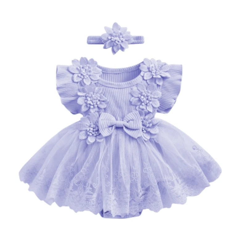 3D Flower Summer Baby Girls Romper Princess Mesh Newborn Clothes Lace Patchwork Ruffle Bodysuit Dress Headband Kids Clothing Good Vibrations