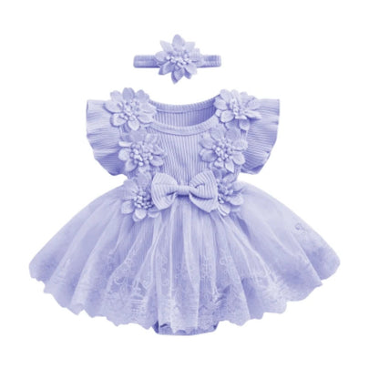 3D Flower Summer Baby Girls Romper Princess Mesh Newborn Clothes Lace Patchwork Ruffle Bodysuit Dress Headband Kids Clothing Good Vibrations