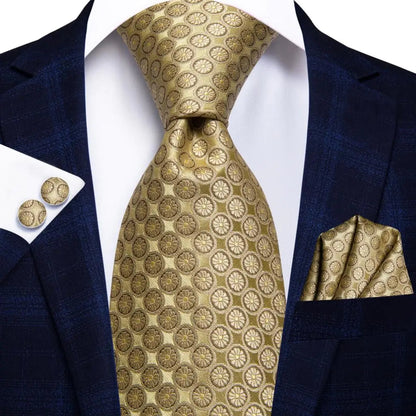 Hi-Tie Champagne Gold Striped Paisley Solid Men Silk Wedding Tie Fashion Design Necktie For Men Hanky Cufflink Business Party Good Vibrations