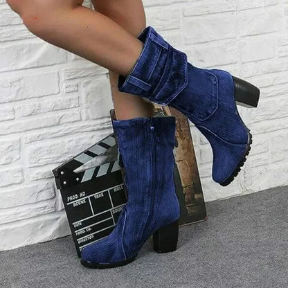 Cowboy Women's Boots 2024 Autumn and Winter New Pointed Denim Style Casual Temperament High Heels Single Shoes Zapatos De Mujer Good Vibrations