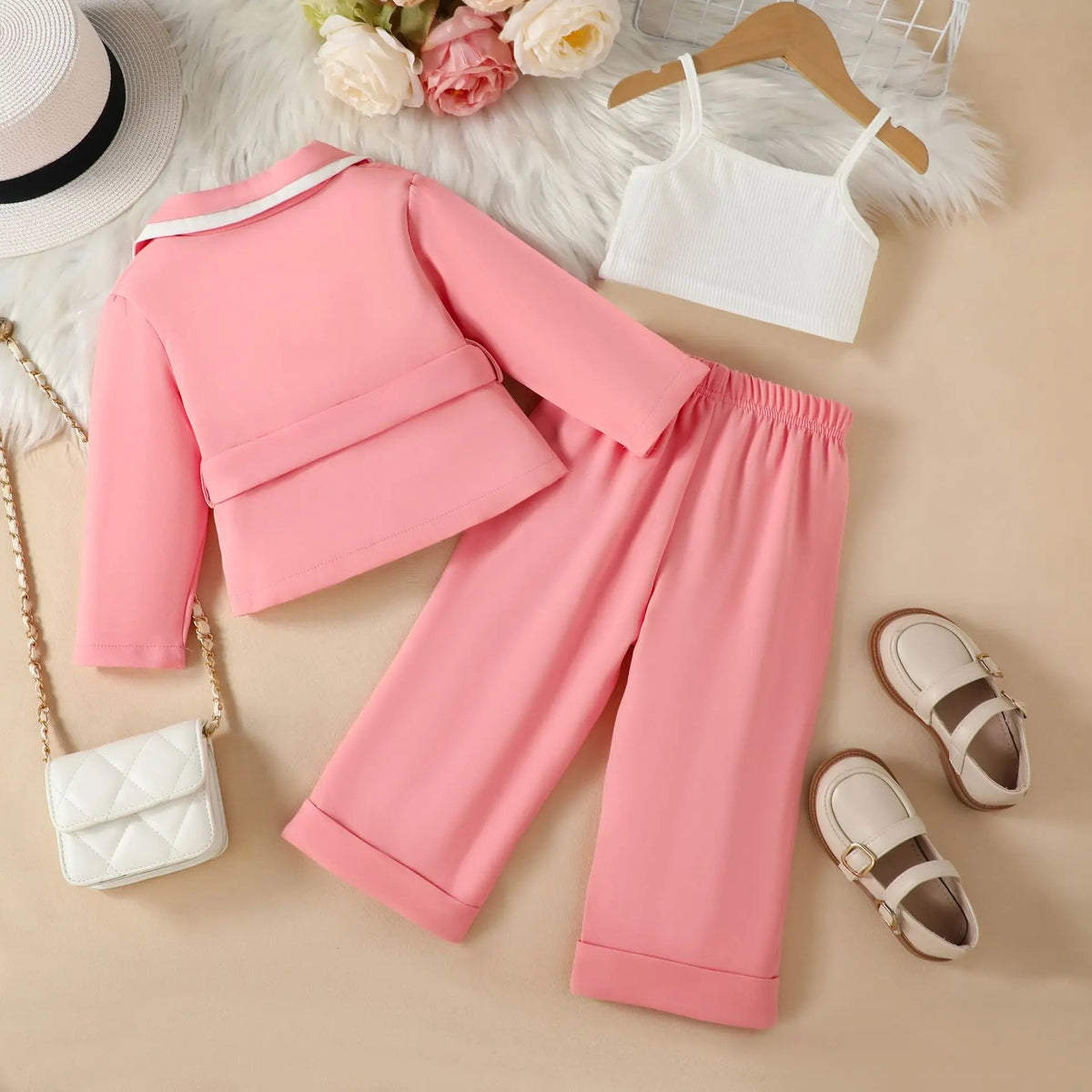 Ceeniu 4pcs Elegant Suit For Girls Children's Clothing Belted Turn-Down Collar Jacket+Camisole+Pants Luxury Girls Blazer Sets Good Vibrations