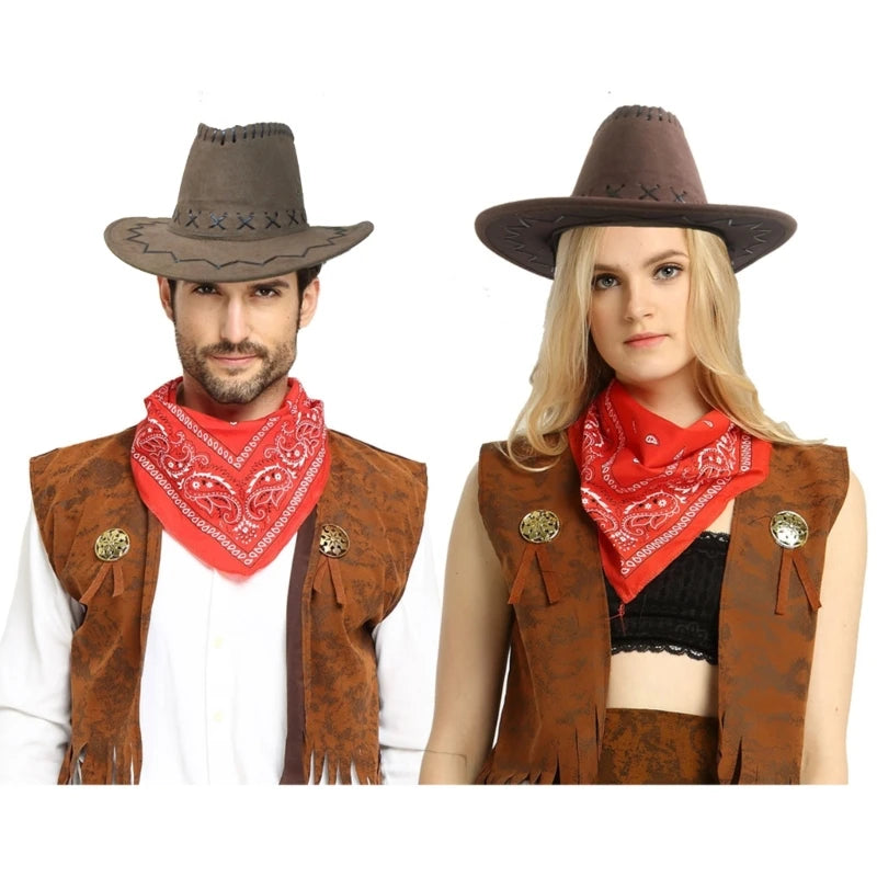 Classic Cow-boy Costumes Includes Cow-boy Hat Vests Scarf Comfortable Wear for Men Women Halloween Party Cos-play Good Vibrations